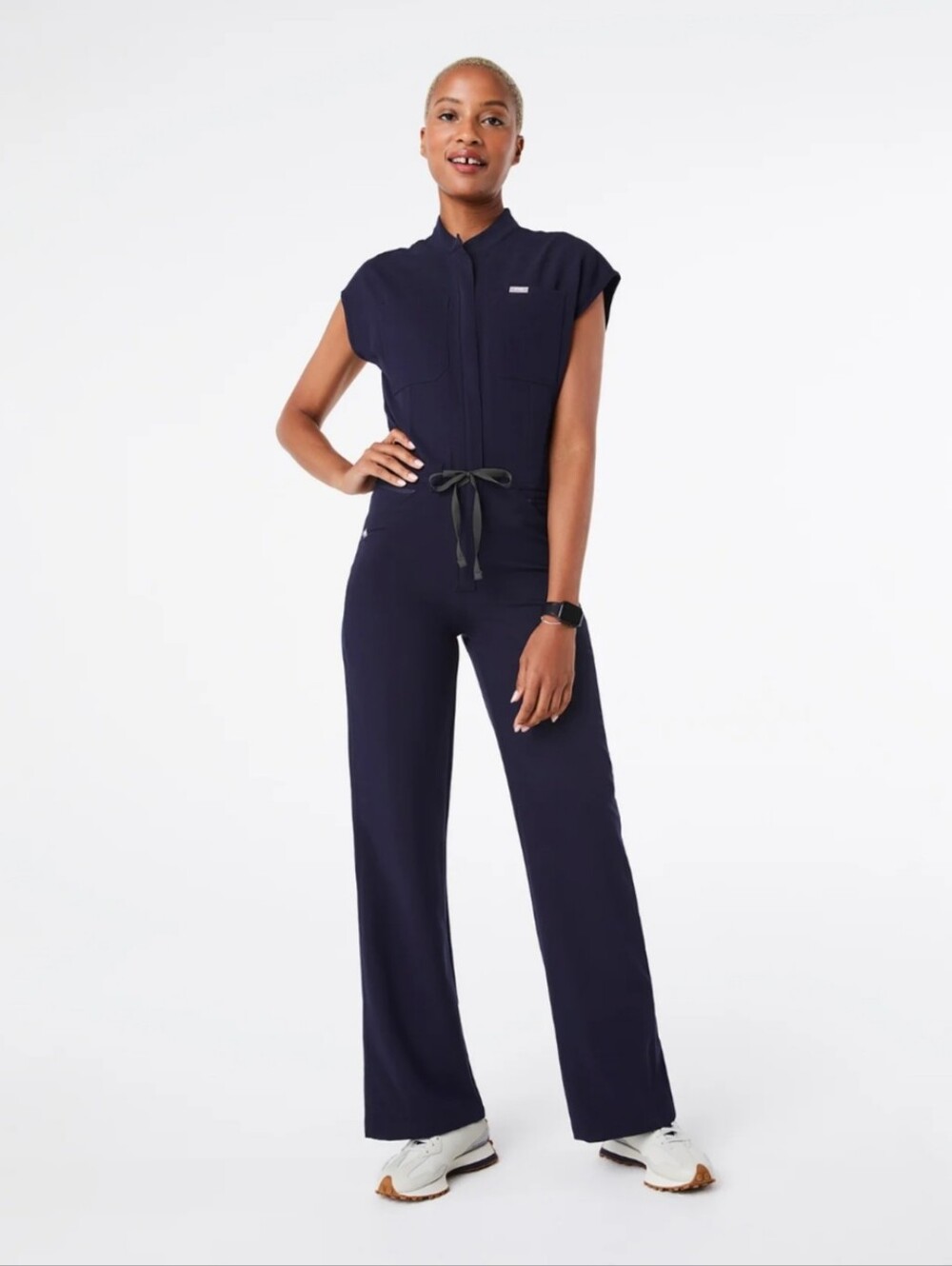 Figs Navy Women's Scrub Wide-Leg Jumpsuit with Drawstring Waist